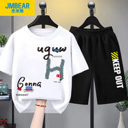 杰米熊（JMBEAR）童裝兒童套裝男童2025新款夏季純棉短袖中大童胖童夏裝運動衣服潮 白色+黑褲 110  【體重20斤-30斤】
