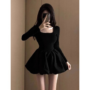 園翌miu系富家千金小香風(fēng)裙女冬季2025新年戰袍年會(huì )細閃小黑裙 連衣裙 L