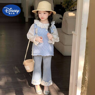 迪士尼（Disney）女童套裝2025春新款韓版寶寶鉤花鏤空針織馬甲背心吊帶微喇牛仔褲 三件套(背心+襯衫+牛仔褲) 100