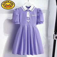 G.DUCKKIDS童裝女童連衣裙夏季兒童夏天學(xué)院風(fēng)裙子女孩翻領(lǐng)短袖連身裙 紫色 130 建議7-8歲
