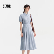 森馬（Semir）連衣裙女翻領(lǐng)百褶短裙小個子通勤2024年夏新款白色收腰顯瘦襯衫裙 藍(lán)色調(diào)00388-長款 M