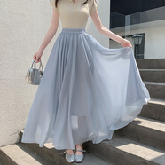 家隆名秀2025夏季雪紡百褶大擺半身裙顯瘦度假沙灘海邊波西米亞女裙 藍色 M