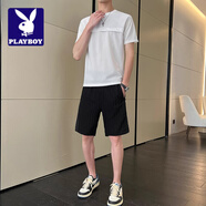 花花公子;PLAYBOY夏季薄款2025新款潮牌經(jīng)典帥氣百搭舒適短袖時尚休閑簡約兩件套 88612白色套裝【短袖+短褲】 XL 【建議125-140斤】