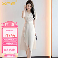 XAE奢侈高檔品牌短袖連衣裙女2025夏季新款高級(jí)感V領(lǐng)氣質(zhì)修身顯瘦裙 米色 M 【建議105斤以內(nèi)】