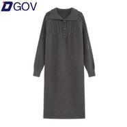 DGOV韓系慵懶風(fēng)粉色麻花毛衣連衣裙女春秋季寬松顯瘦百搭內(nèi)搭針織長裙 灰色【版】 2XL 建議130-150斤