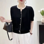 阿瑪施 AMASS哥弟適用短袖T恤女裝夏裝冰絲針織打底衫新款歐貨V領(lǐng)拼色 黑色 M[建議100斤以內(nèi)] 均碼