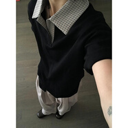 杜小閑千鳥格拼接短袖polo衫男款夏季美式高街翻領(lǐng)t恤cleanfit正肩半袖 黑色 L [推薦100-120斤]