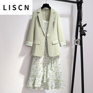 LISCN西裝兩件套裝女外套碎花減齡吊帶連衣裙時(shí)尚洋氣春秋職場(chǎng)通勤穿搭 8206綠色西裝+8207碎花裙 M 建議100斤以下
