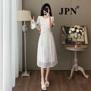 JPN香港潮牌小香風(fēng)假兩件連衣裙女夏新款度假風(fēng)顯瘦蕾絲刺繡拼接長(zhǎng)裙 白色 S