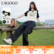 lagogo撞色翻領(lǐng)短袖T恤女拉谷谷春季新款休閑透氣插肩短款上衣 米黑(TW) S