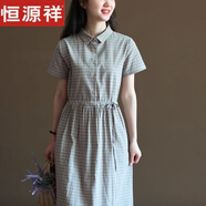 恒源祥夏季棉質連衣裙2025森系復古文藝格子襯衫裙系帶收腰日系中長款 綠色 L 【建議115-130斤】
