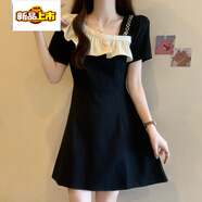 初徑法式撞色荷葉邊短袖小黑裙女夏季大碼胖妹妹洋氣感顯瘦連衣裙 黑色【高端/時(shí)尚時(shí)髦/襯衣/設計 M 【建議85-100斤】