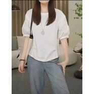 冉藝嵐歐貨休閑獨特圓領泡泡袖t恤夏季大碼胖mm巨顯瘦寬松氣質短袖上衣 白色版 M 建議90-100斤