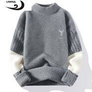 浪古 LAWKUL半高領(lǐng)毛衣冬款男保暖衣服打底非羊休閑毛衫絨衫秋冬季加絨針織衫 鹿頭灰色 L