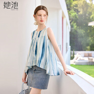 她池圓領(lǐng)背心2025夏裝新款女裝套頭撞色條紋不規則衣擺上衣