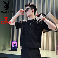花花公子（PLAYBOY）滿天星燙鉆短袖T恤男潮牌夏季薄款衣服2024新款痞帥半袖體恤男款 黑色 L 【建議130斤以內(nèi)】