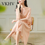 VKHV品牌短袖真絲連衣裙女2025夏季新款氣質(zhì)高級感V領(lǐng)桑蠶絲襯衫長裙 肉粉 M 【建議體重90-110斤】