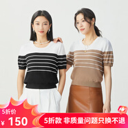 哥弟真的好（GIRDEAR）女裝拼色條紋泡泡短袖天絲針織T恤衫女A301537 黑 L (4碼)