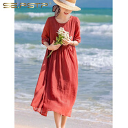 夏典素訂女王（SE.PSTP）國風(fēng)苧麻連衣裙女新款氣質(zhì)文藝寬松遮肉復古刺繡棉麻長(cháng)裙 紅色 2XL 【建議150-165斤】