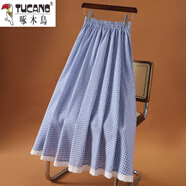 啄木鳥(niǎo)（TUCANO）蕾絲邊黑白格子半身裙2025春夏新款高腰遮肉a字裙顯瘦日系中長(cháng)裙 藍色 均碼