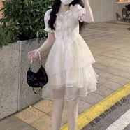 真即新款韓版時(shí)尚修身顯瘦法式甜美公主風(fēng)蝴蝶結(jié)收腰蓬蓬裙連衣裙女夏 杏色 XS