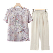 俞兆林（YUZHAOLIN）中老年人夏裝女國風(fēng)套裝媽媽短袖襯衫老人衣服奶奶夏天開(kāi)衫兩件套 紫色+米色闊腿褲 2XL  建議105-120斤 