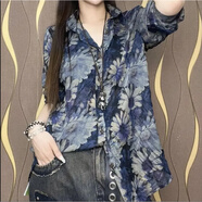 花花公子（PLAYBOY）大碼襯衫女2025新款胖妹妹秋裝中長(cháng)款長(cháng)袖襯衣寬松遮肚印花打底衫 藍色 L 95-105