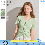 三彩獨(dú)醒2024夏季新款花朵抽繩系帶V領(lǐng)針織衫短袖輕薄套頭小衫 薄荷綠 S 155/80A