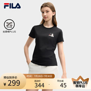 FILA 斐樂官方女裝針織短袖T2025夏新款純棉舒適休閑刺繡LOGOT恤女 正黑色-BK S 160/80A/S