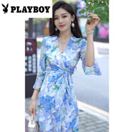 花花公子（PLAYBOY）香云紗法式雪紡印花連衣裙時(shí)尚2025碎花系帶荷葉邊連衣裙夏季新款 湖藍色印花連衣裙【新品】 L 建議110-120斤左右