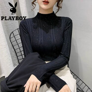 花花公子（PLAYBOY）2025年新款韓版冬季ins半高領(lǐng)感鑲鉆打底毛衣針織衫上衣女裝 黑色 S 【建議80-95斤】