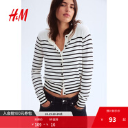 H&M【徐若晗同款】女裝毛針織衫秋慵懶短款打底衫m(xù)iu系薄開(kāi)衫0579541 白色/條紋 L 170/104