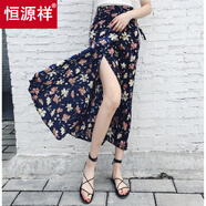 恒源祥碎花長裙夏季新款輕薄波西米亞包臀裙子系帶雪紡一片式半身裙女裝 四葉草 均碼 (版)