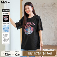 MsShe【涼感索羅娜棉】大碼女裝2025夏裝胖mm蕾絲拼接長款短袖T恤 黑色現(xiàn)貨 6XL