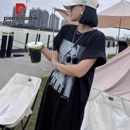 皮爾卡丹歐美風(fēng)少女印花短袖連衣裙夏季寬松顯瘦開(kāi)叉大碼休閑T恤裙子長(zhǎng)裙 936--黑色(好質(zhì)量) L 120到140斤