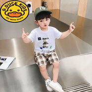 G.DUCKKIDS寶寶純棉背心套裝1歲2夏季嬰兒薄款小男孩衣服帥氣兒童裝男童夏裝 白色小熊格子短袖套裝 73 (建議6-12個月)cm(73(建議6-12
