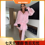 無（booroola）跨境雪紡長袖連衣裙歐美2025夏季新款燈籠袖系帶短裙荷葉邊連衣裙 粉色 S