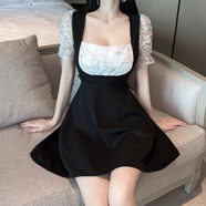 冉藝嵐同款夜總店連衣裙遮肚子顯瘦a字裙夜店性感女裝假兩件泡泡袖裙工 黑色 2350 XL