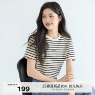 伊芙麗（eifini）【經(jīng)典延續(xù)】伊芙麗簡約撞色字母繡花條紋純棉休閑百搭短袖T恤女 本白色 M /160/84A/