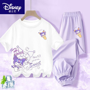 迪士尼（Disney）BINPAW女童夏季玉桂狗套裝2025新款大童純棉短袖t恤兒 A983白+A984紫褲 130 (建議身高115-125cm)