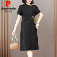 皮爾卡丹（pierre cardin）杭州真絲洋裝2025新款桑蠶絲香云紗中老年媽l媽洋派顯瘦裙子 黑色 2XL 建議130-140斤