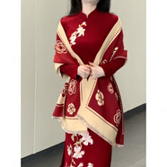忻縈她來(lái)了復(fù)古館年會(huì)結(jié)婚訂婚新中式連衣裙紅色百合花刺繡改良旗袍 紅色披肩 2XL