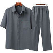 HUALIN FASHION夏季中老男士襯衫套裝短袖休閑褲中國(guó)風(fēng) 002翻領(lǐng)襯衫套裝/深灰色 39 建議90-105斤
