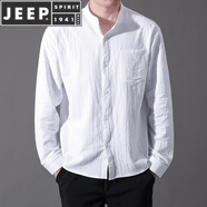 JEEP SPIRIT純棉男土長(zhǎng)袖t恤秋季薄款透氣棉麻襯衫中國(guó)風(fēng)男士戶外防曬工作服 8K02長(zhǎng) 袖白色 M (80-100斤)