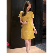 法式氣質(zhì)亞麻短袖連衣裙女2025新款今年流行爆款夏天巨好看的裙子 黃色有袖 S S（建議80-98斤）