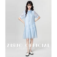 孜茜白色polo領(lǐng)雪紡連衣裙女夏2025夏季新款寬松法式泡泡袖襯衣領(lǐng)裙子 藍色 L 165/88A