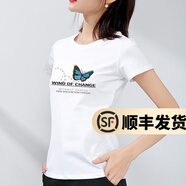 幻黛短袖t恤女夏季女裝棉白色打底衫品牌純色女士短袖新款印花白t恤女 白色款-蝴蝶印花 3XL 【建議130-145斤】