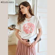 Olrain【新中式雅韻刺繡短袖T恤】夏季女裝高級感別致上衣衣服 米白色 L