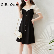 Z.R.Zoro奢侈品連衣裙女2025夏季新款法式收腰顯瘦拼接A字裙赫本風(fēng)連衣裙 黑色 M