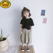 G.DUCKKIDS女童燈籠褲夏季薄款棉麻兒童褲子春秋男套裝寶寶防蚊褲哈倫褲七分 黑色套裝 (褲子+上衣) 90 (建議身高85-90cm)